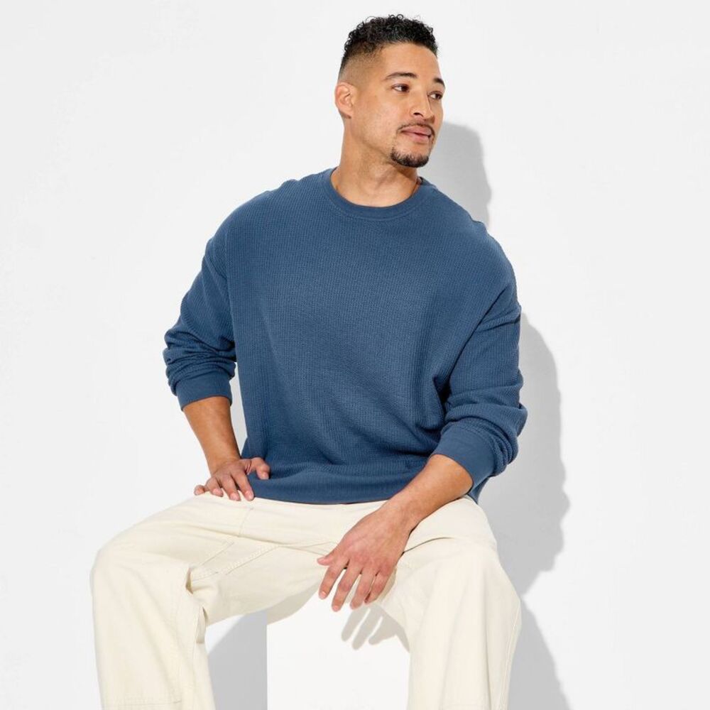Men's Waffle Crewneck Pullover Sweatshirt - Original Use Blue M